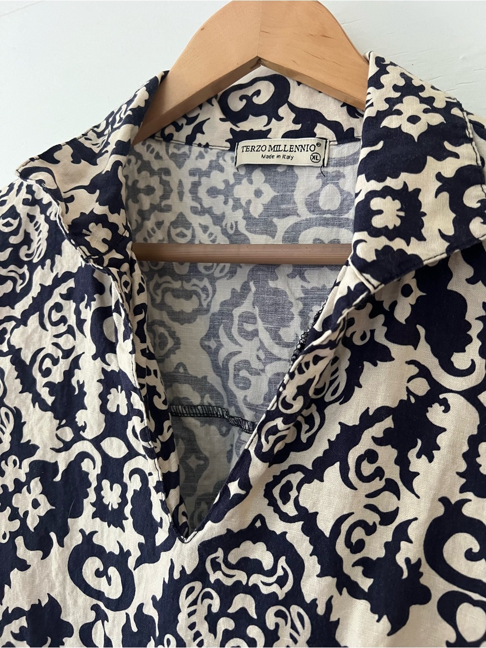 Terzo Millenio Navy and Cream Patterned Linen Midi Dress (made in Italy)